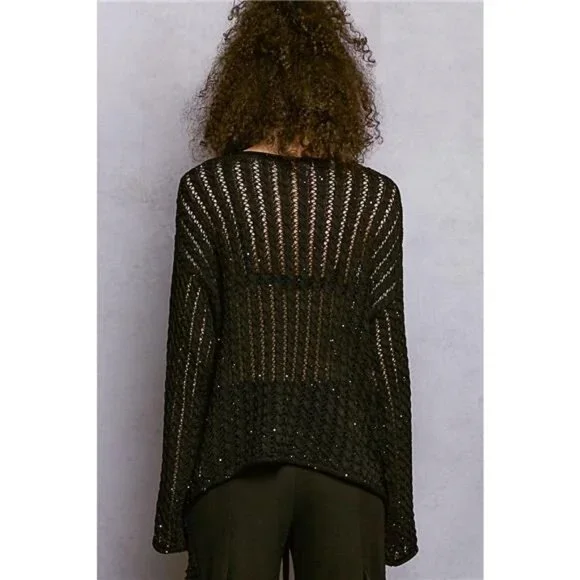 POL Openwork Round Neck Knit Top with Shiny Detail